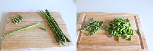 Collage of 2 images showing removing tail and chopping asparagus.