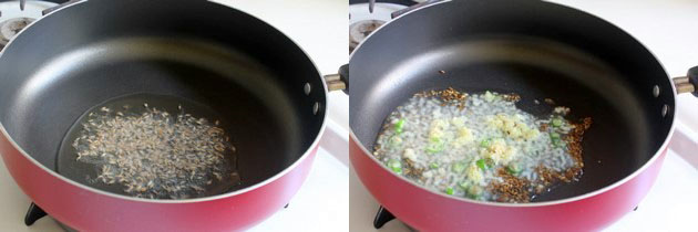 Collage of 2 images showing tempering of mustard and cumin seeds and sauteing ginger, garlic and chili.