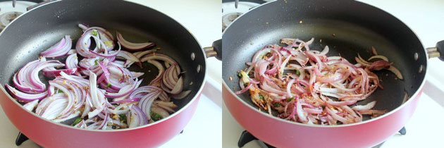 Collage of 2 images showing adding and cooking onion.