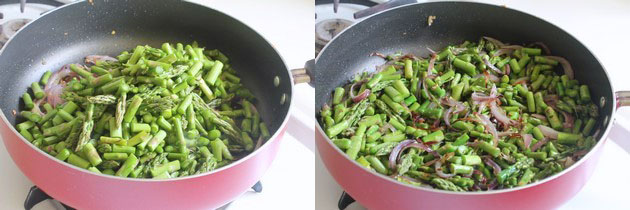 Collage of 2 images showing adding and mixing asparagus. 