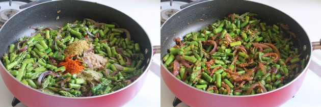 Collage of 2 images showing adding and mixing spice powders.