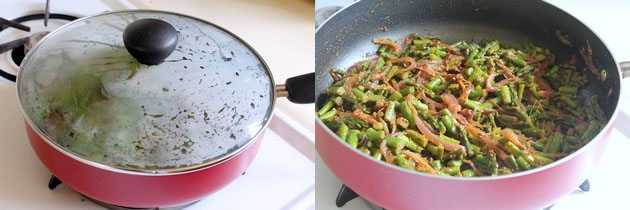 Collage of 2 images showing cooking covered and cooked sabzi.