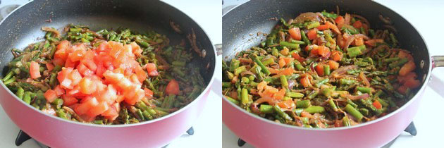 Collage of 2 images showing adding tomatoes and mixing.