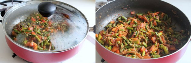 Collage of 2 images showing cooking covered and ready curry.