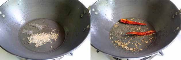 Collage of 2 images showing tempering of mustard and cumin seeds and adding dried chilies.