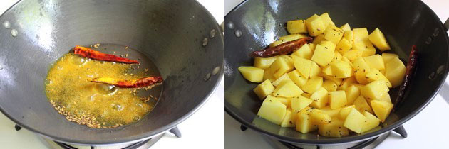 Collage of 2 images showing adding turmeric powder and adding potato cubes.