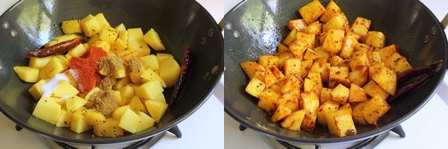 Collage of 2 images showing spices and mixed.