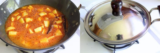 Collage of 2 images showing adding water and cooked covered.