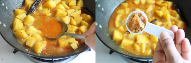 Collage of 2 images showing mashing a few potatoes and adding jaggery.