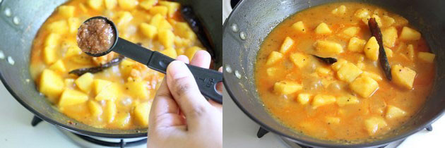 Collage of 2 images showing adding tamarind paste and simmering gravy.