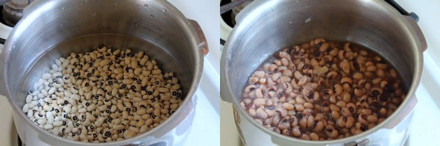 Collage of 2 images showing beans in the cooker and pressure cooked.