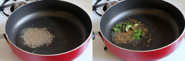 Collage of 2 images showing tempering of cumin seeds and curry leaves.