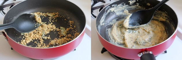 Collage of 2 images showing roasting besan and making paste.