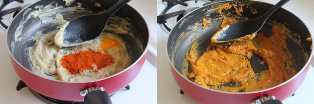Collage of 2 images showing adding spices and mixed.