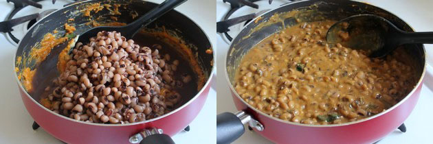 Collage of 2 images showing adding and mixing boiled beans.