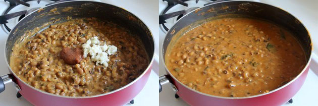 Collage of 2 images showing adding jaggery and tamarind and mixed well.