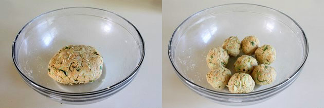Collage of 2 images showing ready dough and divided into portions.