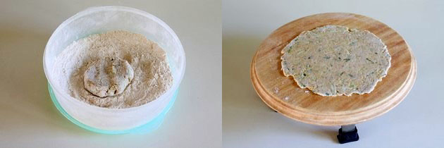 Collage of 2 images showing dusting with flour and rolled thepla.