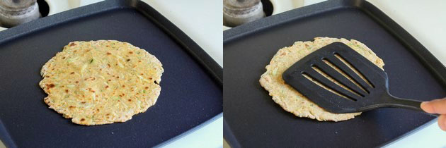 Collage of 2 images showing oil is applied and pressing with spatula.