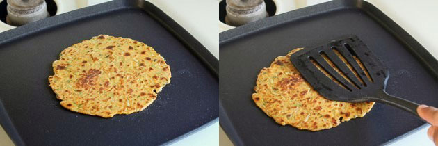 Collage of 2 images showing cooking another side and pressing with spatula.