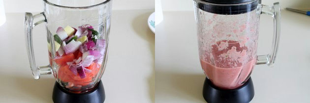 Collage of 2 images showing gravy ingredients in the grinder and blended. 