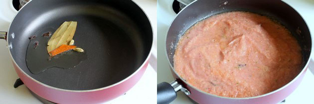 Collage of 2 images showing tempering of whole spices and onion tomato paste is added.
