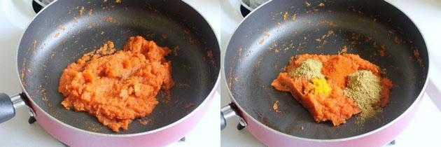 Collage of 2 images showing cooked paste and spices added.
