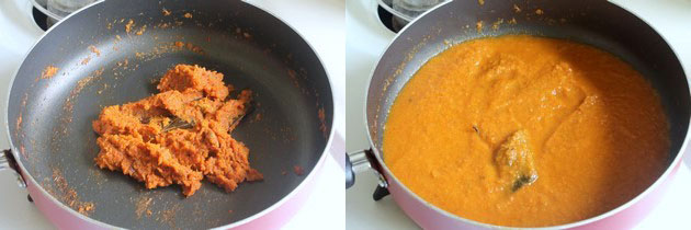 Collage of 2 images showing spices mixed and water added.