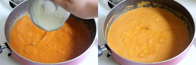 Collage of 2 images showing adding yogurt and mixed.