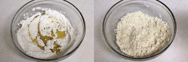 Collage of 2 images showing adding oil and mixed into flour.