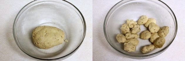 Collage of 2 images showing ready dough and divided into small balls.