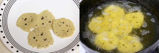 Collage of 2 images showing rolled mathri in a plate and frying mathris.