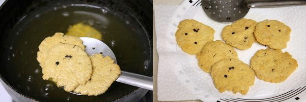 Collage of 2 images showing removing fried mathri and placing on a plate.