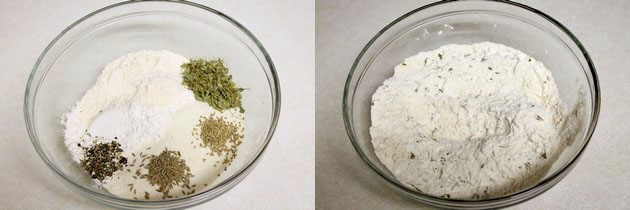 Collage of 2 images showing flour and spices in a bowl and mixed.