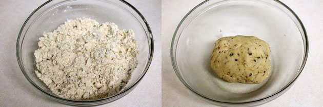 Collage of 2 images showing oil mixed in the flour and ready dough.