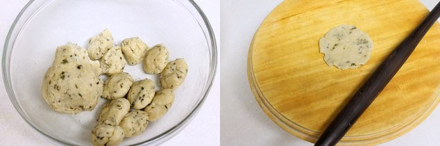 Collage of 2 images showing dough divided into balls and rolled mathri.