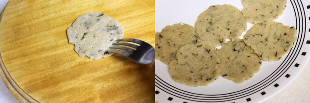 Collage of 2 images showing pricking mathri with a fork and ready rolled methi mathri in a plate.