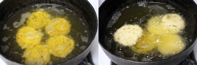 Collage of 2 images showing deep frying into the oil.