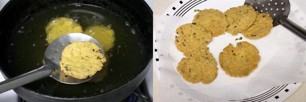 Collage of 2 images showing removing fried methi mathri from the oil and placing on a plate.