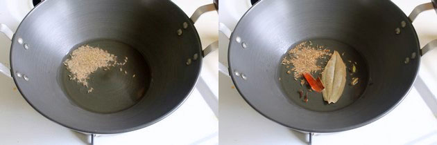 Collage of 2 images showing tempering whole spices and cumin seeds.