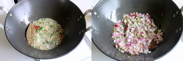 Collage of 2 images showing sauteing ginger, garlic, chili and adding onion.