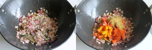 Collage of 2 images showing cooked onion and adding tomto and spices.