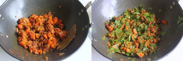 Collage of 2 images showing cooked tomato and mixing methi leaves.