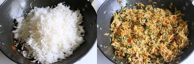 Collage of 2 images showing adding rice and mixing.