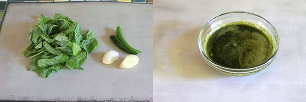 Collage of 2 images showing mint, chili, ginger, garlic on a mat and ground paste in a bowl.
