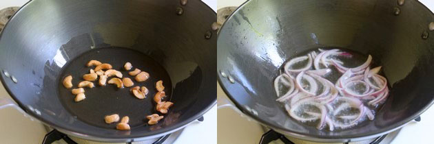 Collage of 2 images showing frying cashews and frying onion.
