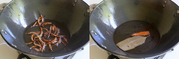 Collage of 2 images showing fried onion and tempering whole spices.