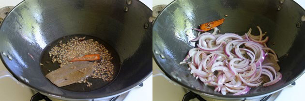 Collage of 2 images showing adding cumin seeds and onion.