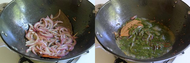 Collage of 2 images showing cooked onion and adding mint paste.
