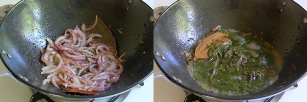Collage of 2 images showing cooked onion and adding mint paste.